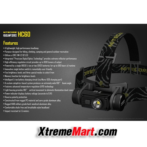 ชุดเซตไฟฉายคาดหัว Nitecore HC60 สว่าง 1000 ลูเมน มี 8 โหมด แสงขาวอมเหลือง พร้อมแบตเตอรี่และสายชาร์จ Micro USB