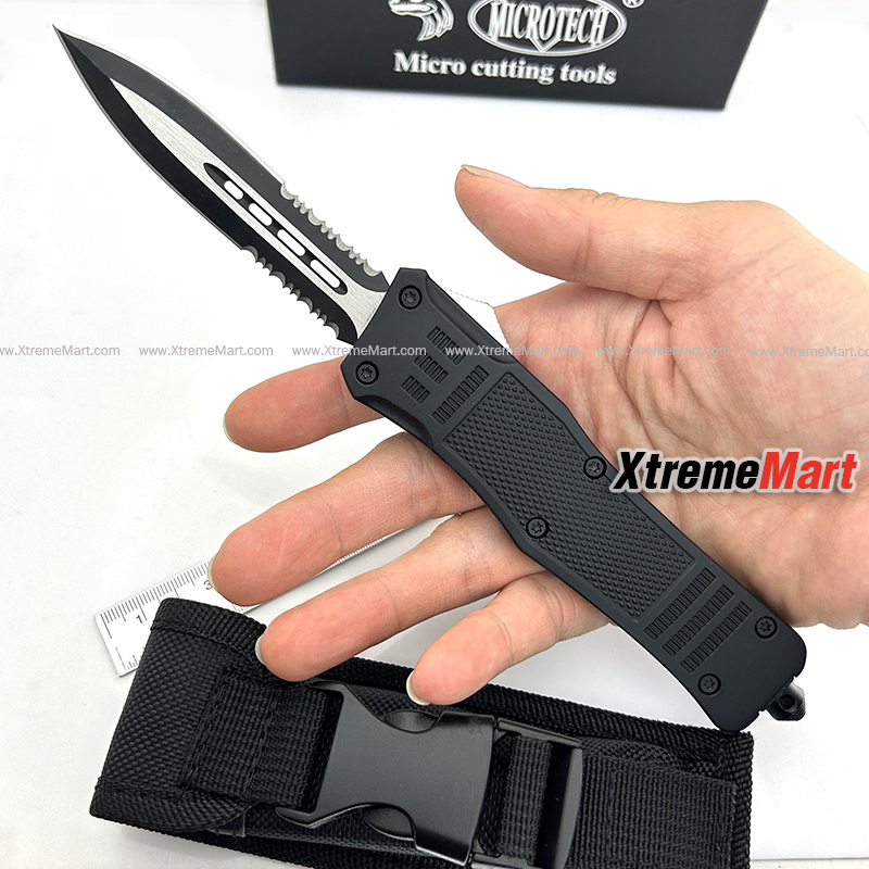 มีดสปริงตรง Microtech รุ่นใหญ่ คม 2 ด้าน กึ่งหยัก คลิปดำ 00556 D/E Automatic Knife Camping Tool