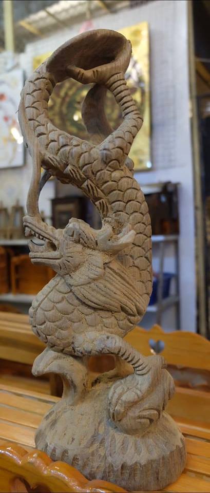 มังกร แกะจากไม้สักธรรมชาติ (ยาว14นิ้ว)