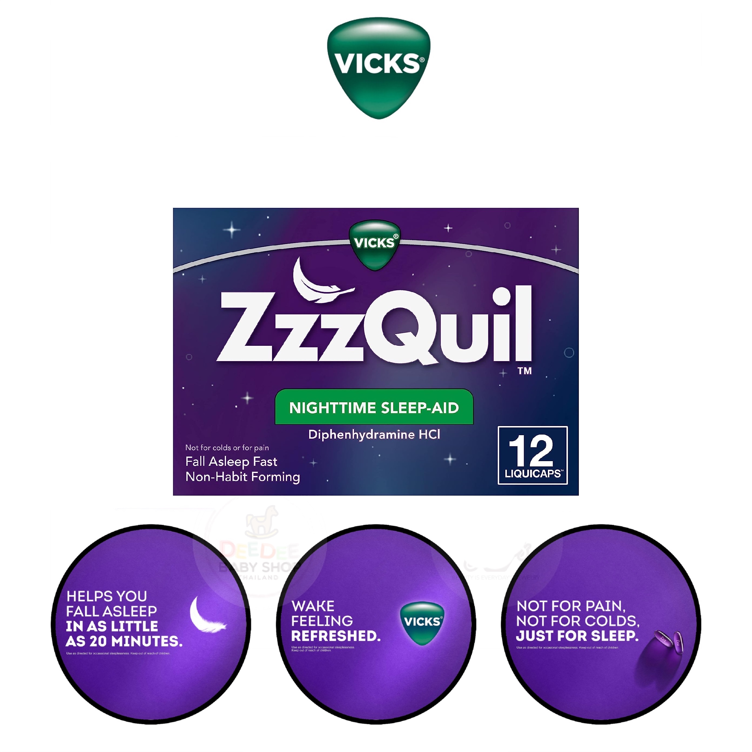 วิตามินเสริมการนอนหลับสำหรับเด็กโตและผู้ใหญ่ Vicks ZzzQuil Nighttime Sleep-Aid LiquiCaps (12 LiquiCaps)