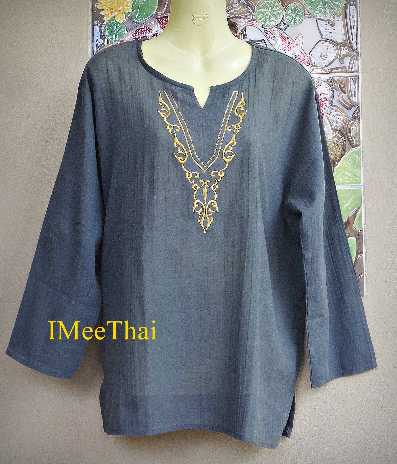 เสื้อ ลายไทย สีเทา ลายกนกสีทอง