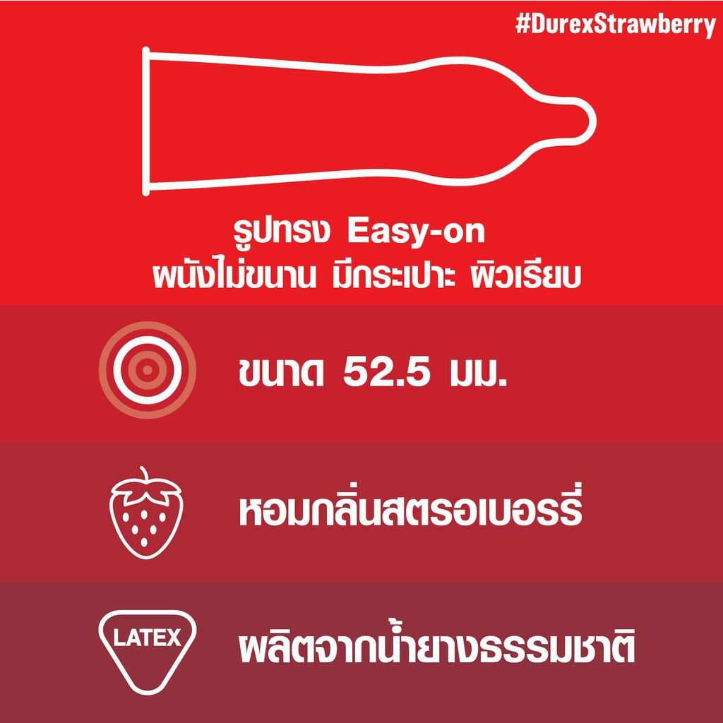 Exp.02/25 (12 ชิ้น / กล่อง) Durex Strawberry Condom 52.5 mm ถุงยางอนามัย ดูเร็กซ์ สตรอเบอร์รี่ กลิ่นสตรอเบอร์รี่ 52.5 มม