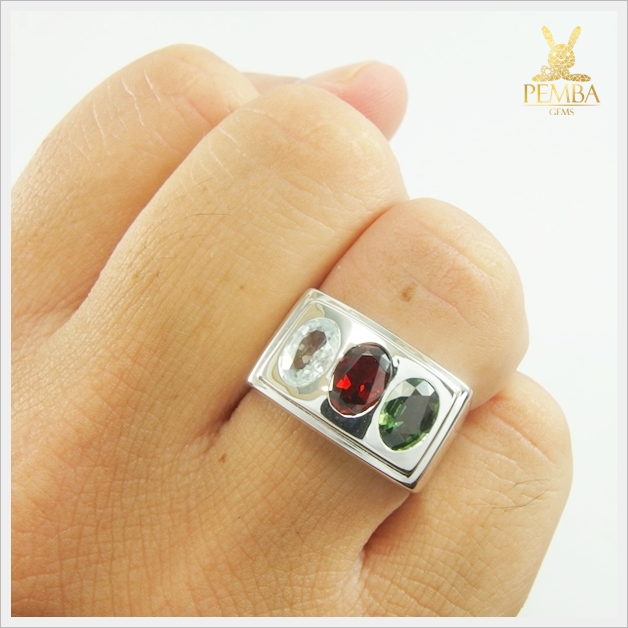 แหวนพลอยแท้ 3 สี เงินแท้925 ชุบทองคำขาว เสริมโชคลาภ แหวนพลอยแท้