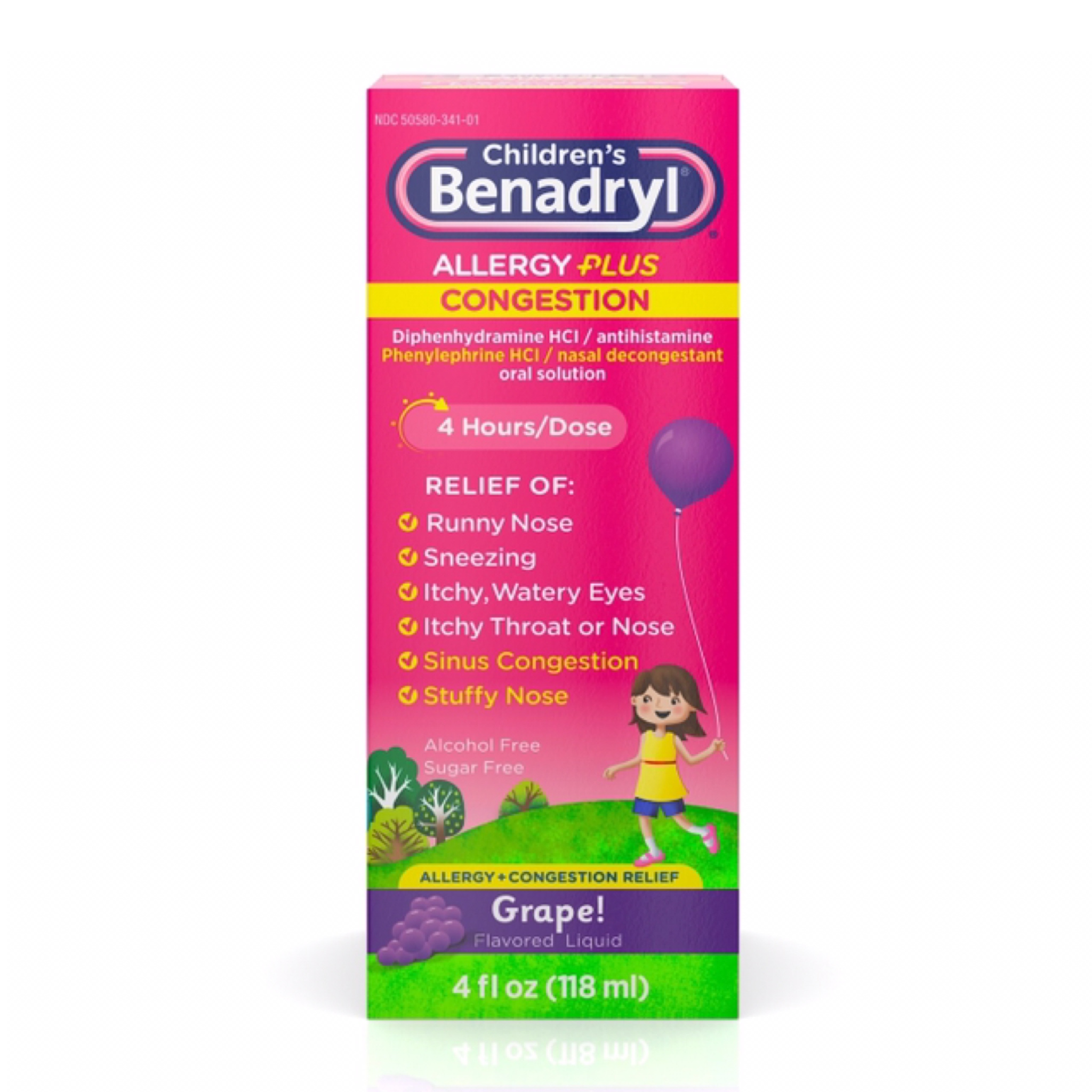 ยาบรรเทาอาการภูมิแพ้ชนิดน้ำสำหรับเด็กโตและผู้ใหญ่ Benadryl Children's Allergy PLUS Congestion (Grape)
