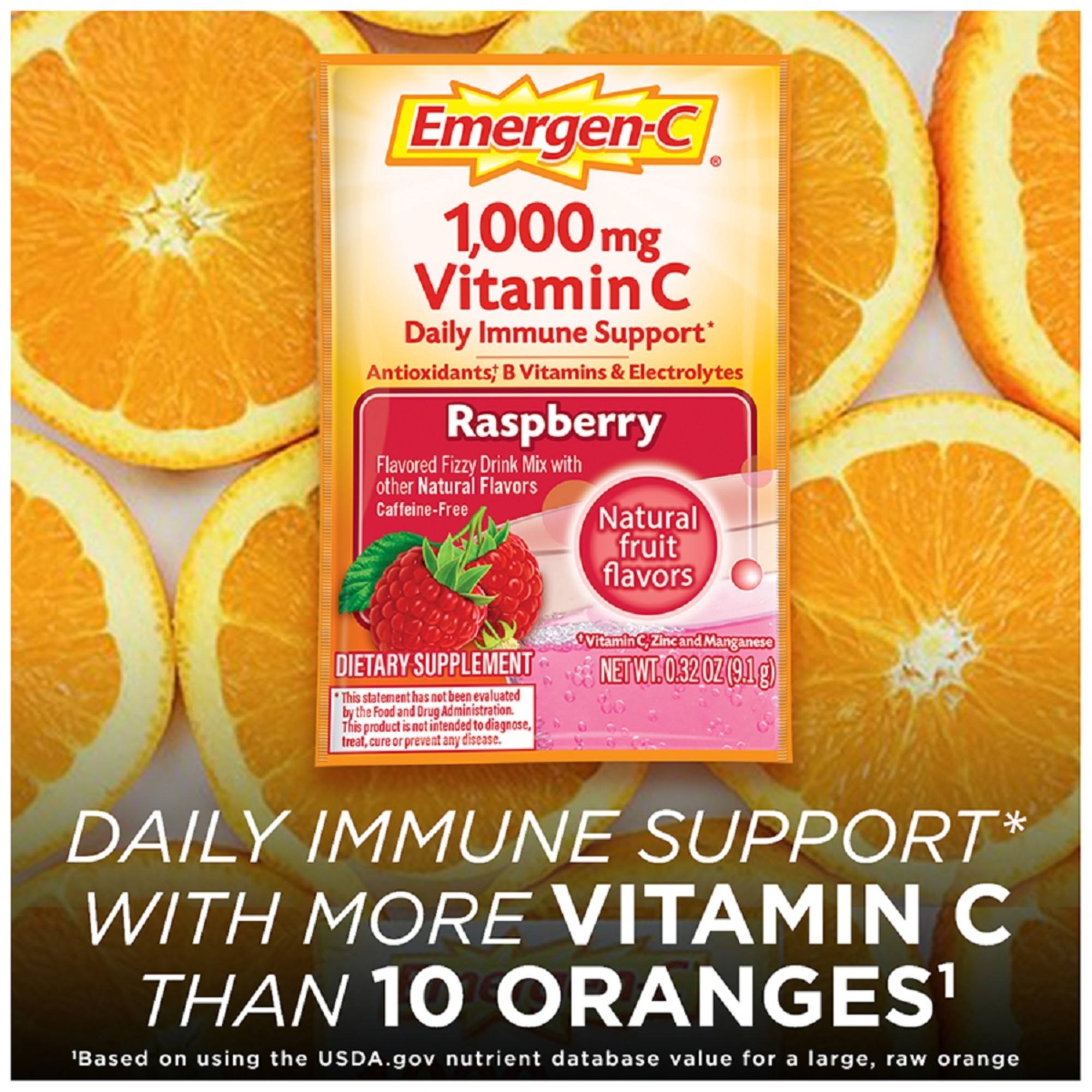 วิตามินเสริมภูมิคุ้มกันแบบซองละลายน้ำ Emergen-C 1,000mg Vitamin C Daily Immune Support (Raspberry)