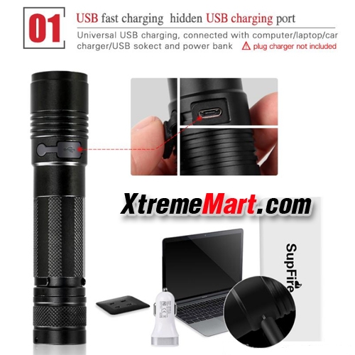 ชุดเซตไฟฉาย SuperFire A5-L2 1100LM 5-Mode USB rechargeable LED Flashlight (Black)
