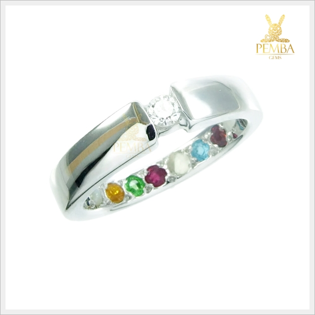 แหวนนพเก้าแท้ เพชรแท้ เงินแท้925 ชุบทองคำขาว ฝังใต้ท้องแหวน