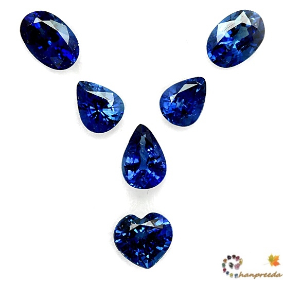 Blue Sapphire พลอยเนื้อแข็งไพลิน จัดเซท จำนวน 6 เม็ด มีรูปไข่ รูปหยดน้ำอย่าง 1 คู่ และมีรูปหยดน้ำ รูปหัวใจอย่างละ 1 เม็ด สีน้ำเงินเข้มสวย