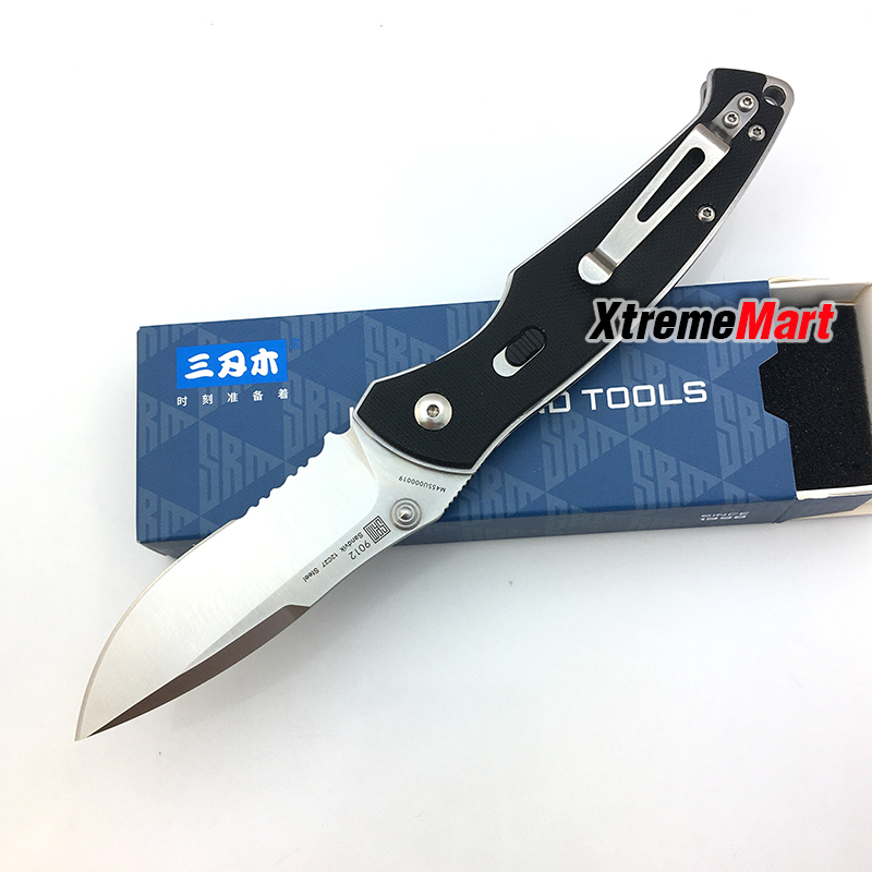 มีดพับ SANRENMU 9012 SRM-9012 ใบมีดสแตนเลส 12c27 ใบเงิน กึ่งหยัก ด้าม G10 สีดำ