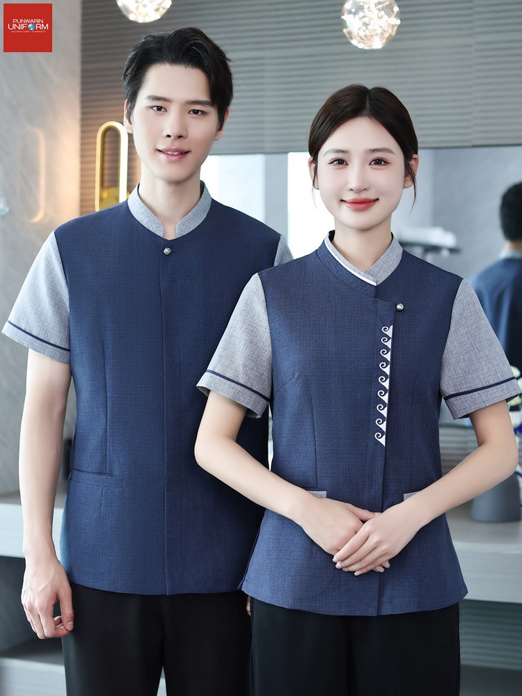 เสื้อพนักงานทำความสะอาด เสื้อแม่บ้าน เสื้อพ่อบ้าน เบลล์ ชุดพนักงานโรงแรม D6809003 เทา ฟ้า L-5XL