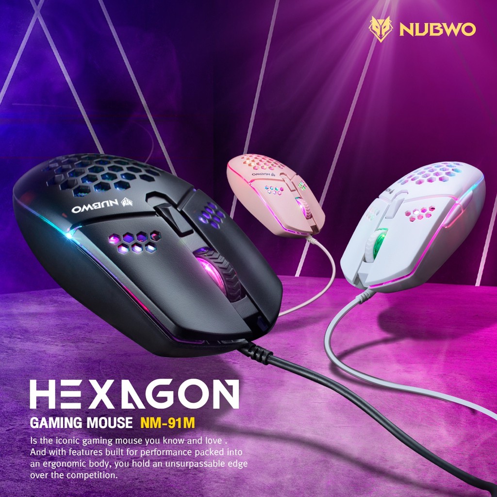 NUBWO HEXAGON NM-91M Gaming Mouse เม้าส์เกมมิ่ง Black/White/Pink Warrenty 1 Year