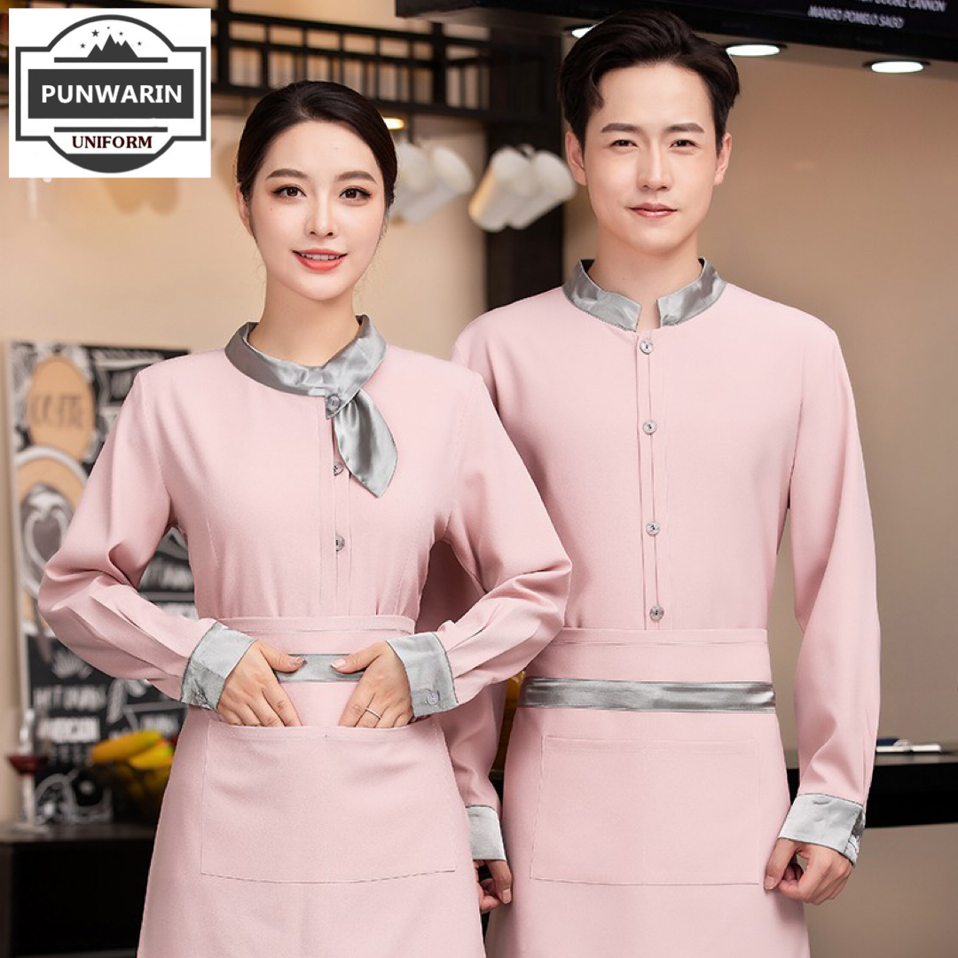 เสื้อฟอร์มพนักงานต้อนรับ เสริฟร้านอาหารกาแฟโรงแรม คอจีนแขนยาว สีชมพูเขียวเทา F6512002 ชมพู เขียว เทา L-4XL