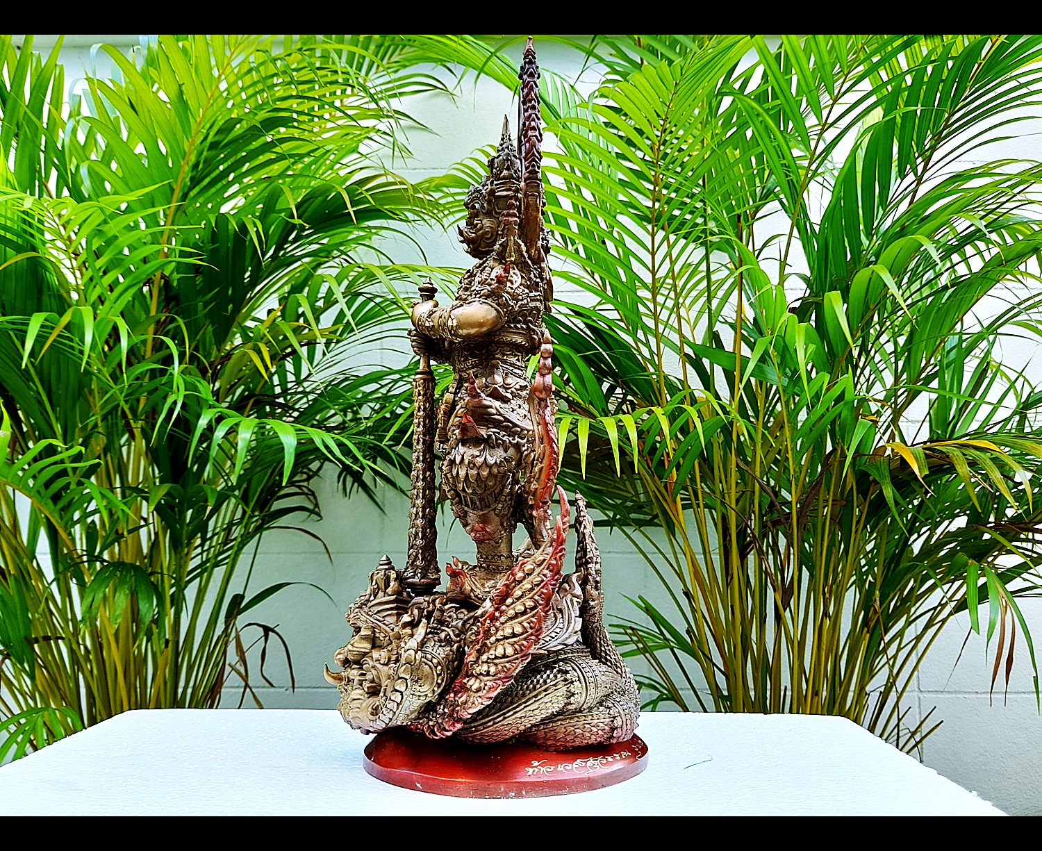 รูปหล่อ ท้าวเวสสุวรรณ ยืนถือกระบอง ทรงบน หลัง ราหู เนื้อทองเหลือง เต็มสูตร งานเน้นรายระเอียดปราณีต (ขนาดสูง16นิ้ว) - (ราหู มี ปีกเป็นครุฑ มี ลำตัวเป็นพญานาค) - (ปลุกเสกฤกษ์ เสาร์5 ปี2563)