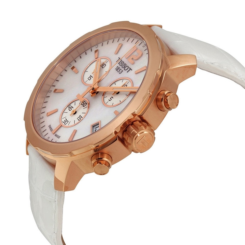 Tissot quickster Chronograph White Mother Of Pearl Dial White Leather Gold-tone Steel Case Men's Watch T095.417.36.117.00