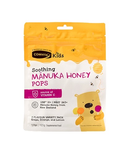 อมยิ้มบรรเทาอาการไอระคายคอสำหรับเด็ก COMVITA Kids Soothing Manuka Honey Pops