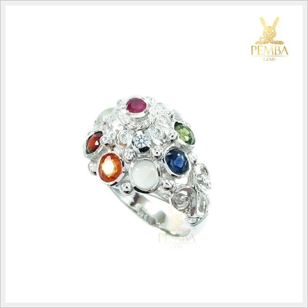 แหวนนพเก้า ตามตำราโบราณ เงินแท้925 ชุบทองคำขาว แหวนพลอยแท้