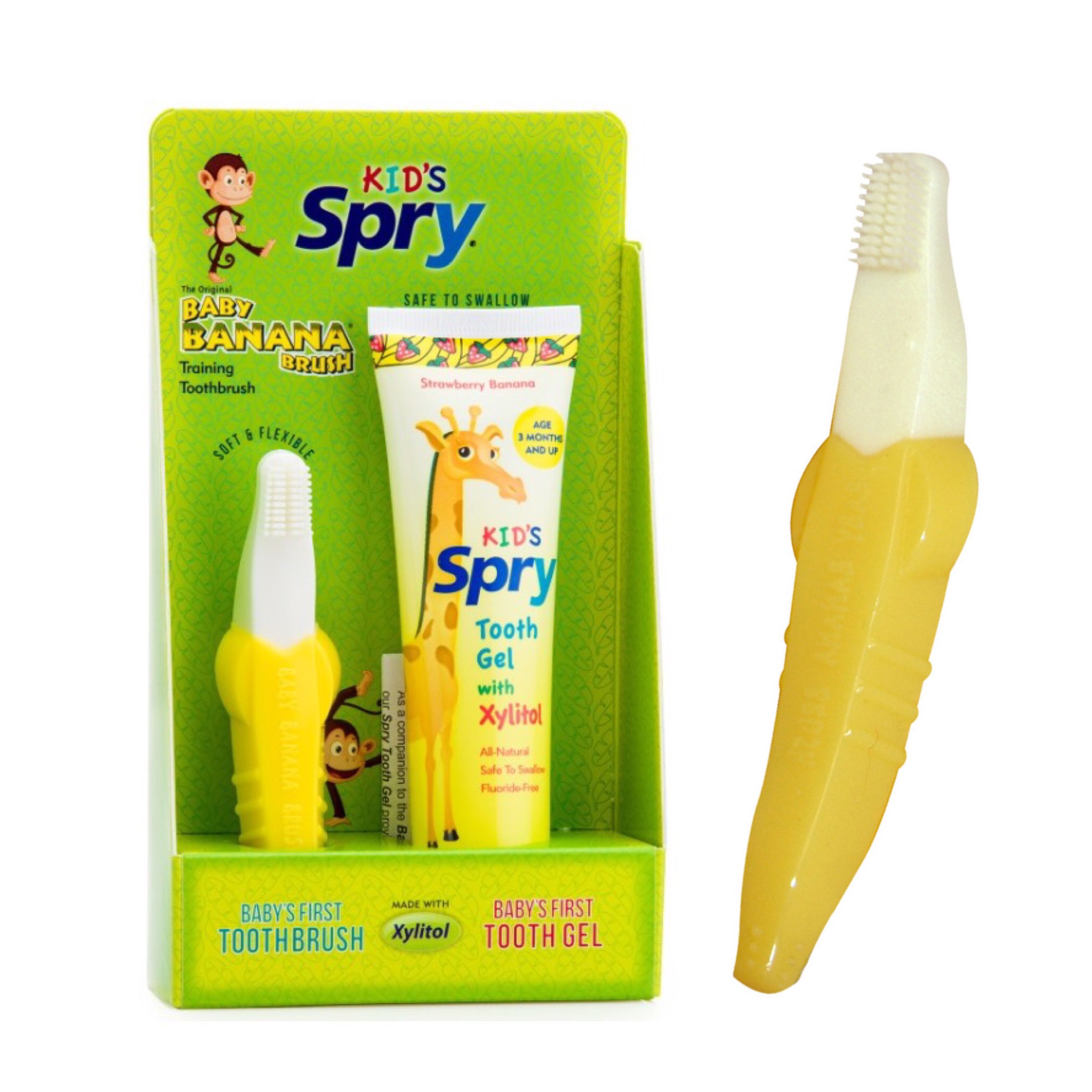 ชุดแปรงกล้วยยอดฮิตและเจลทำความสะอาดฟันปลอดสารพิษ Xlear Kid's Spry Baby Banana Training Toothbrush and Tooth Gel