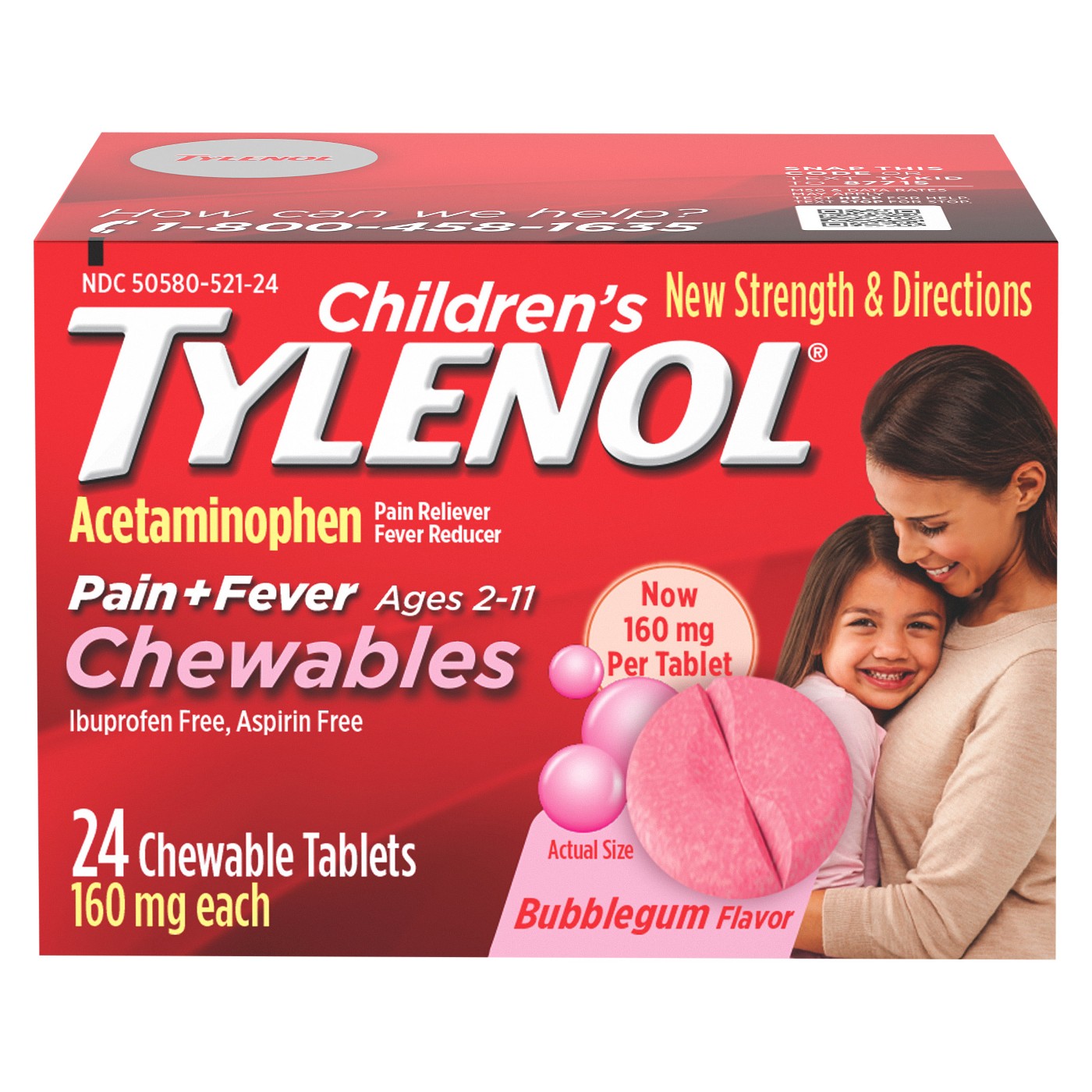 ยาแก้ปวดลดไข้แบบเม็ดเคี้ยวสำหรับเด็ก Tylenol Children's Pain+Fever Chewables (Bubblegum)