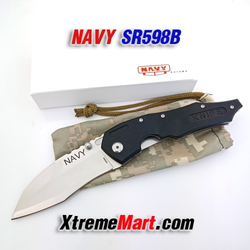 มีดพับ Navy รุ่น SR598B-BK Liner Lock Stainless Steel Folding Knife (สีดำ) พร้อมซองผ้าใส่มีด ด้ามจับ 2 สไตล์ G10&Stonewash