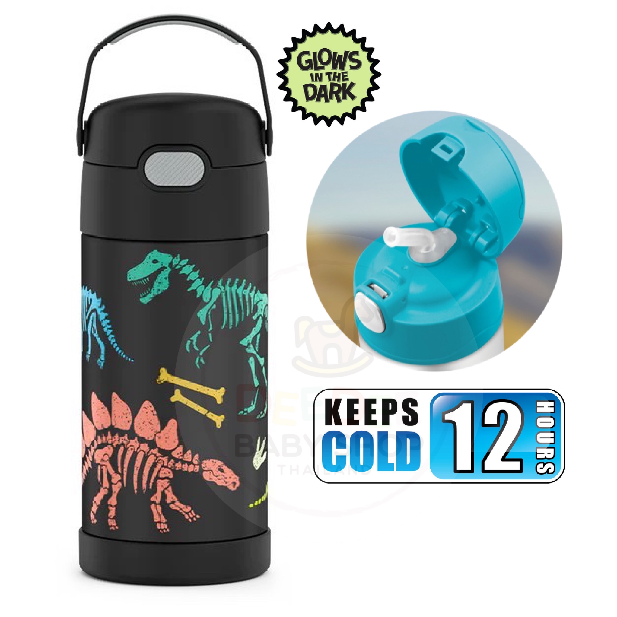 กระติกน้ำสเตนเลสรักษาอุณหภูมิ Thermos GLOW-IN-THE-DARK Dinosaur FUNtainer Vacuum Insulated Stainless Steel Bottle 12OZ with Bali Handle