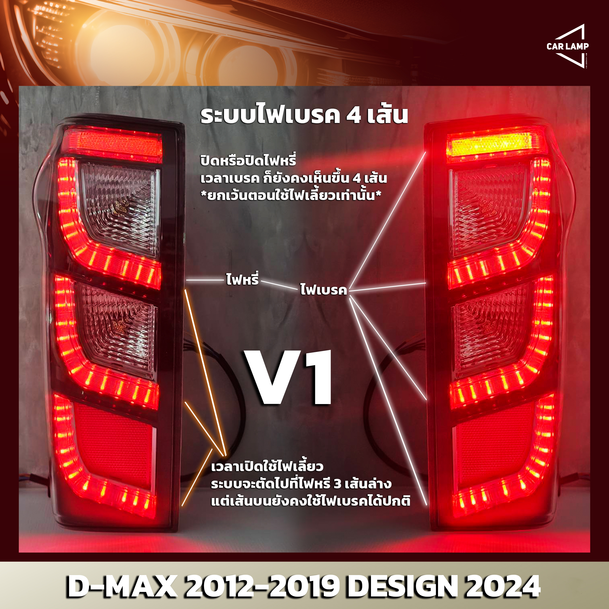 ไฟท้ายรถยนต์ ISUZU D-MAX 2012-2019 ลาย 2024 มีระบบไฟเลี้ยววิ่ง ระบบไฟเบรค 4 เส้น V1 โคมสามารถเปลี่ยนหลอดได้ แถมฟรีหลอดไฟ LED 144 ชิป (ราคาต่อ 1 คู่)