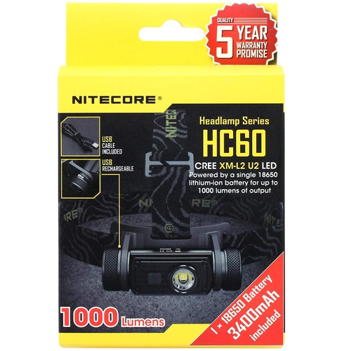 ชุดเซตไฟฉายคาดหัว Nitecore HC60 สว่าง 1000 ลูเมน มี 8 โหมด แสงขาวอมเหลือง พร้อมแบตเตอรี่และสายชาร์จ Micro USB