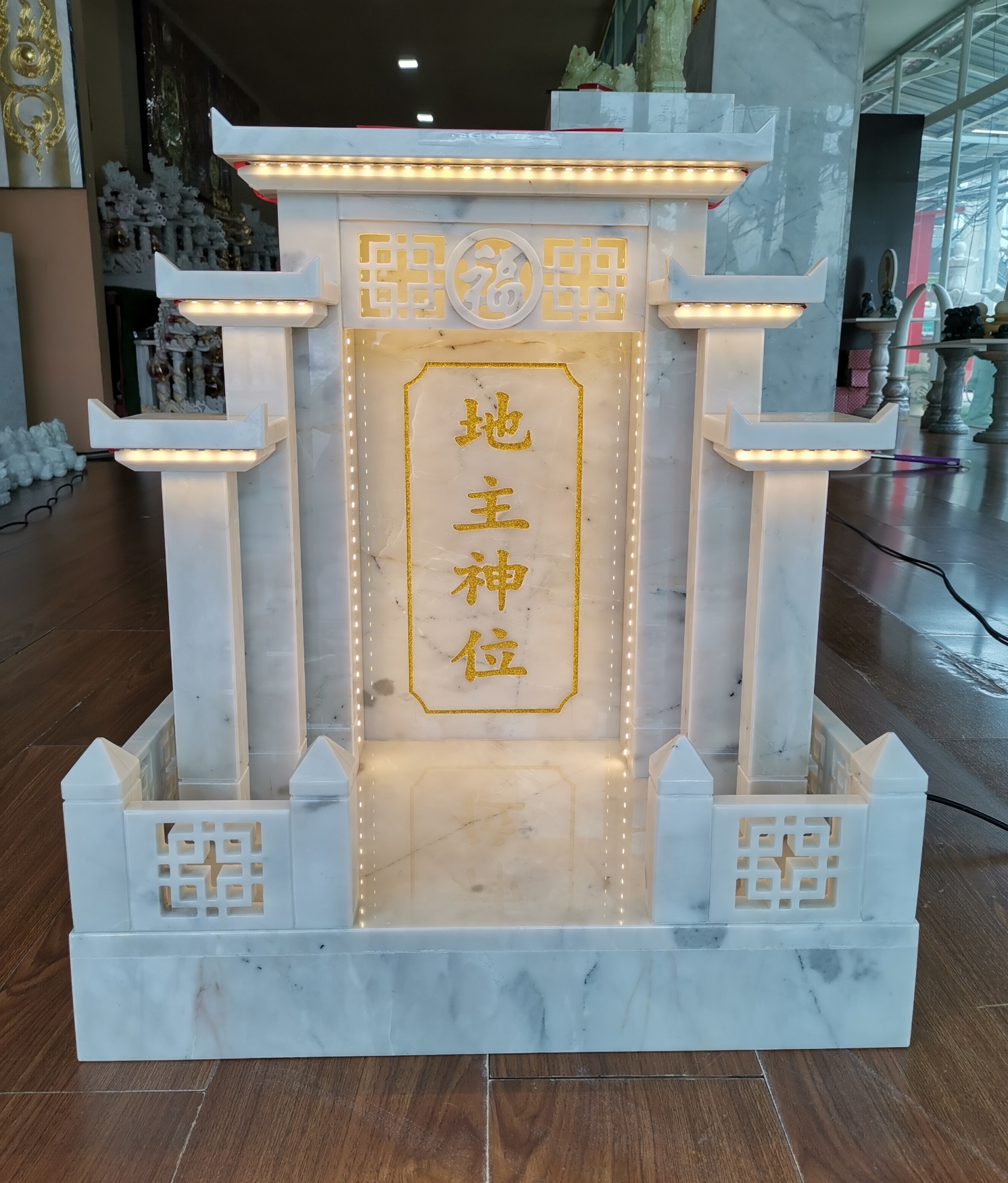 ศาลเจ้าที่หินอ่อนขาวเทาขนาด27นิ้ว 4เสา5หลังคา