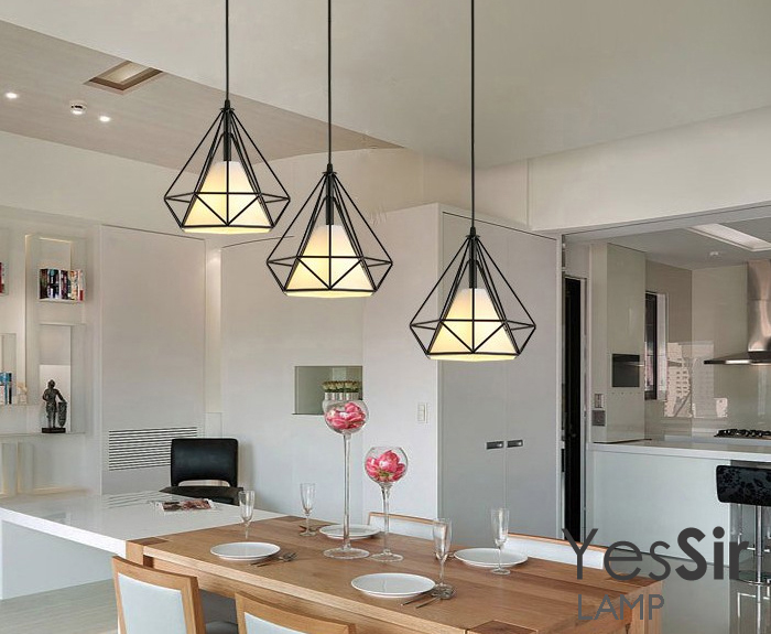 โคมไฟห้อยเพดานเหล็กดัด อเมริกัน โมเดิร์น ทรงเพชร สีดำ