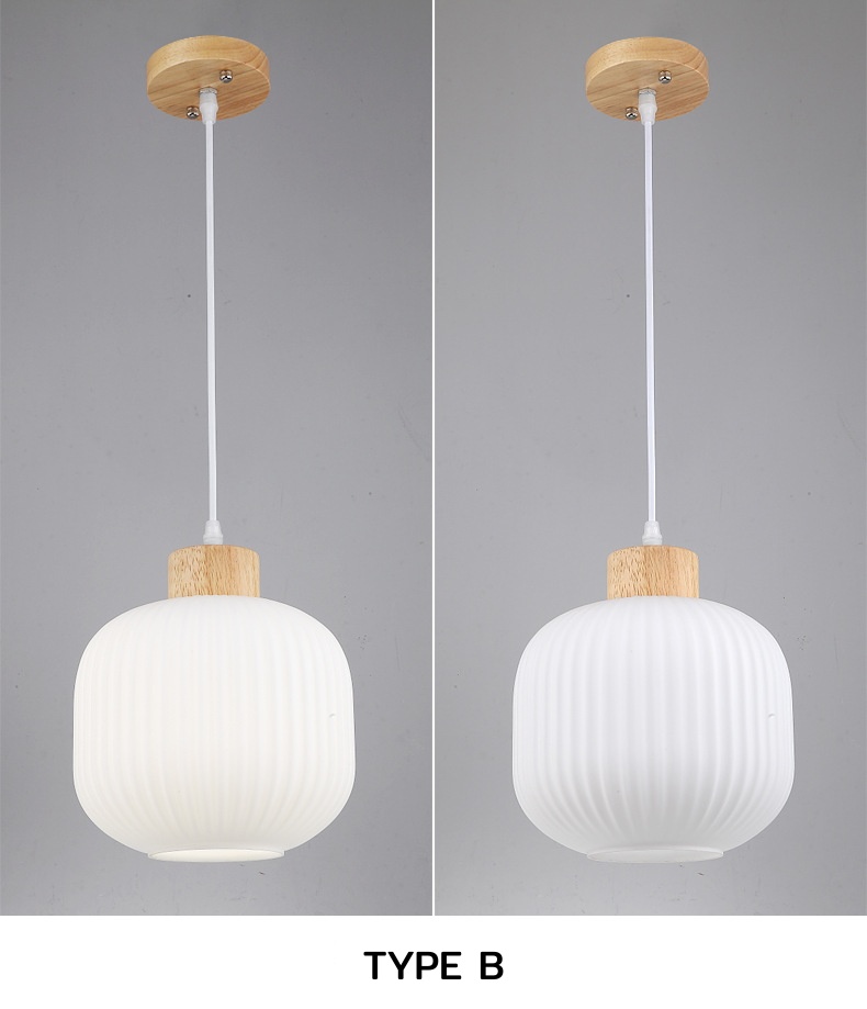 โคมไฟแขวนเพดานแก้วสีขาวลายลอนเส้นตรงมีหัวไม้สไตล์ญี่ปุ่น [JP-8906]