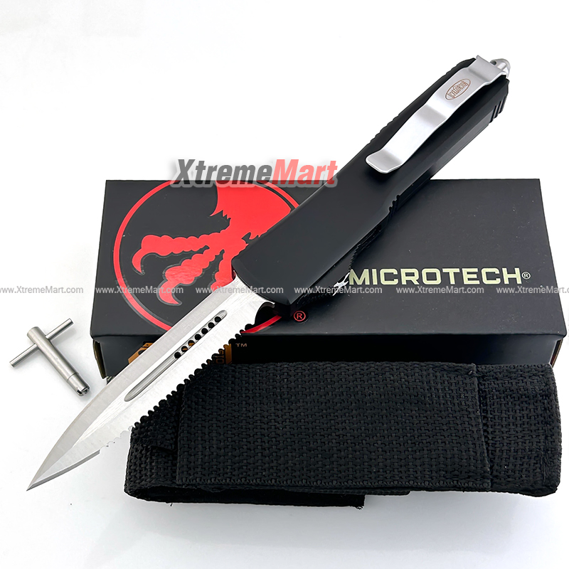 มีดสปริงขนาดกลาง Microtech (New Ultratech) หนึ่งคมหนึ่งหยัก ใบเงิน Combat Troodon 00556 D/E Automatic Knife