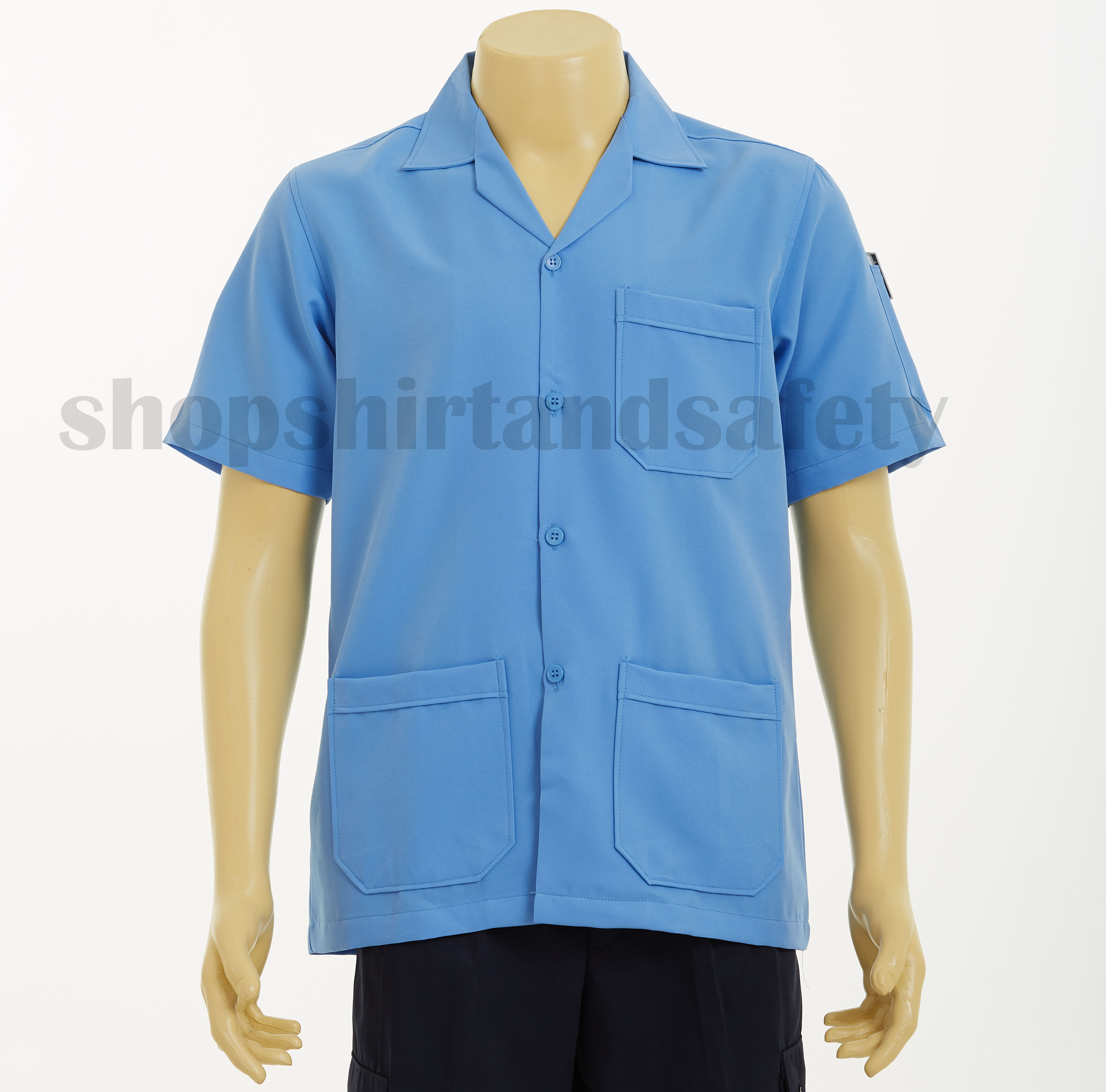 เสื้อช็อปแขนสั้นแบบสามกระเป๋าสีฟ้าอ่อนล้วน