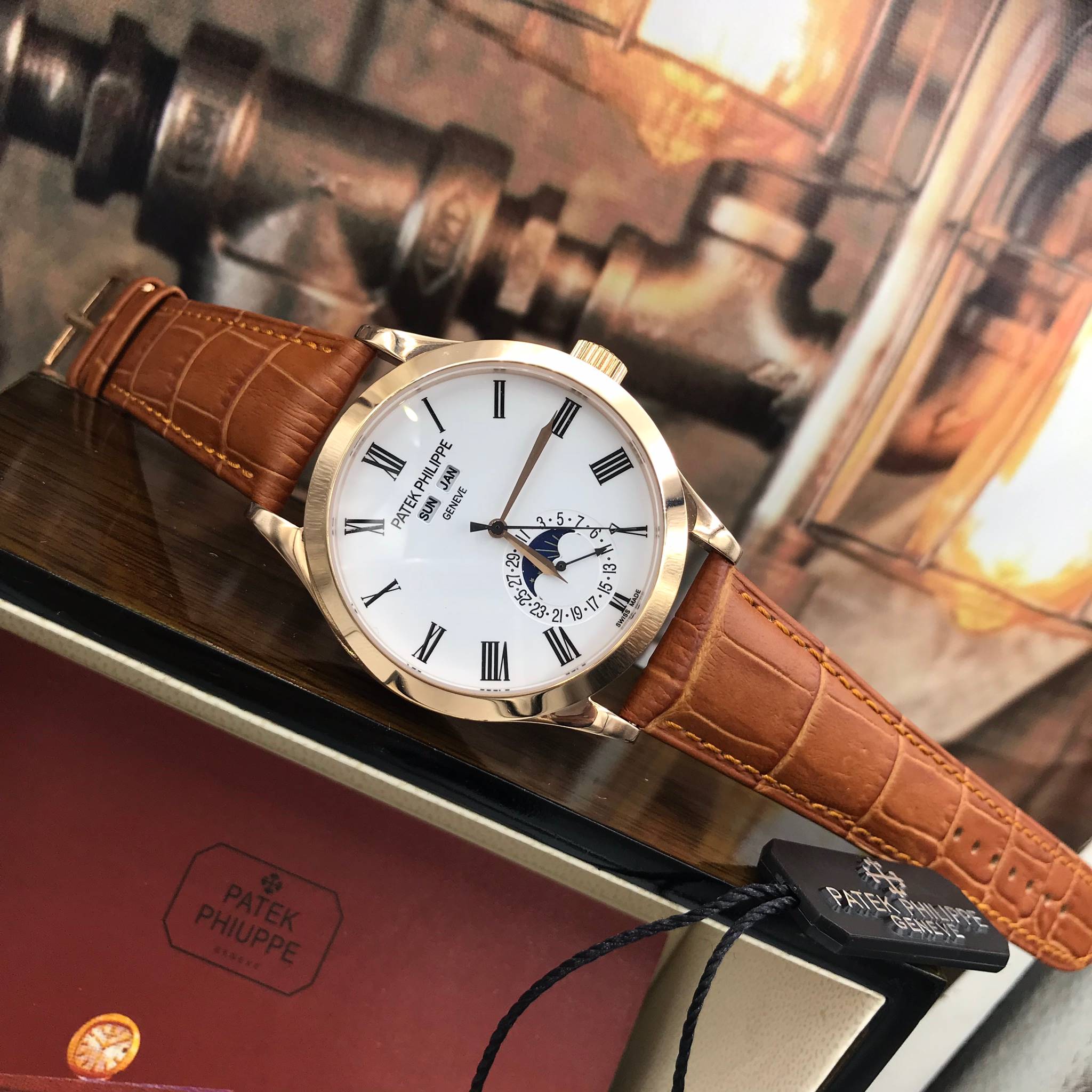 นาฬิกา Patek Philippe รุ่น Annual Calendar สี Ross Gold สายหนังสีน้ำตาล หน้าปัดสีขาวงาน Top Hiend