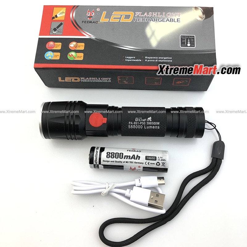 ชุดเซตไฟฉายซูม Ultrafire หลอด XHP-50 + COB รุ่น PA-951-P50 388000W แสงขาว 1500LM 3โหมด พร้อมแบตเตอรี่และสายชาร์จ USB