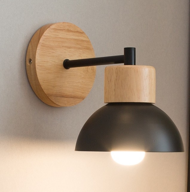 โคมไฟติดผนังฐานไม้โป๊ะโคมโลหะทรงครึ่งวงกลม สไตล์โมเดิร์นเรียบง่าย [WOL-15]