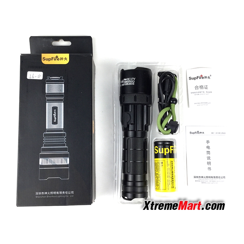 ชุดเซตไฟฉาย SupFire L6-D หลอด P50 4-chip High power LED สว่าง 1200 Lumens 15W 5 โหมด พร้อมแบตเตอรี่ 26650 และสายชาร์จ USB
