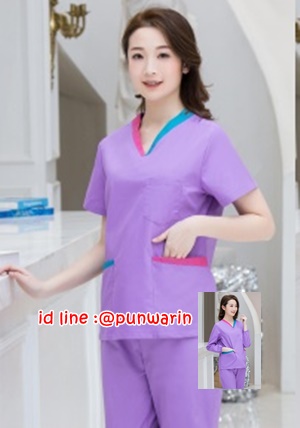 ชุดฟอร์มพนักงานสำเร็จรูป ชุดหมอผ่าตัด ชุดพยาบาลห้องผ่าตัด เอวยางยืด TK6302011 สีม่วงอ่อน S-2XL
