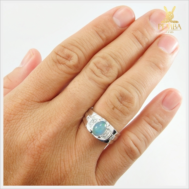 แหวนโอปอลแท้ เงินแท้925 ชุบทองคำขาว เหลือบสีฟ้า แหวนพลอยแท้