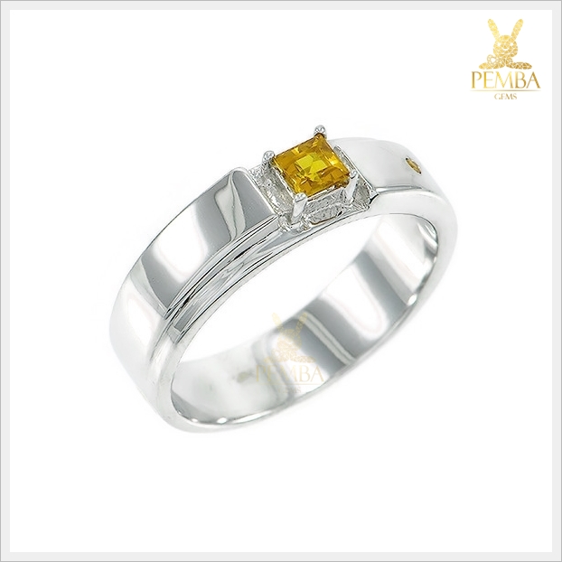 แหวนบุษราคัมแท้ ทรงสี่เหลี่ยม เงินแท้925 ชุบทองคำขาว อัญมณีสีเหลืองใสสด