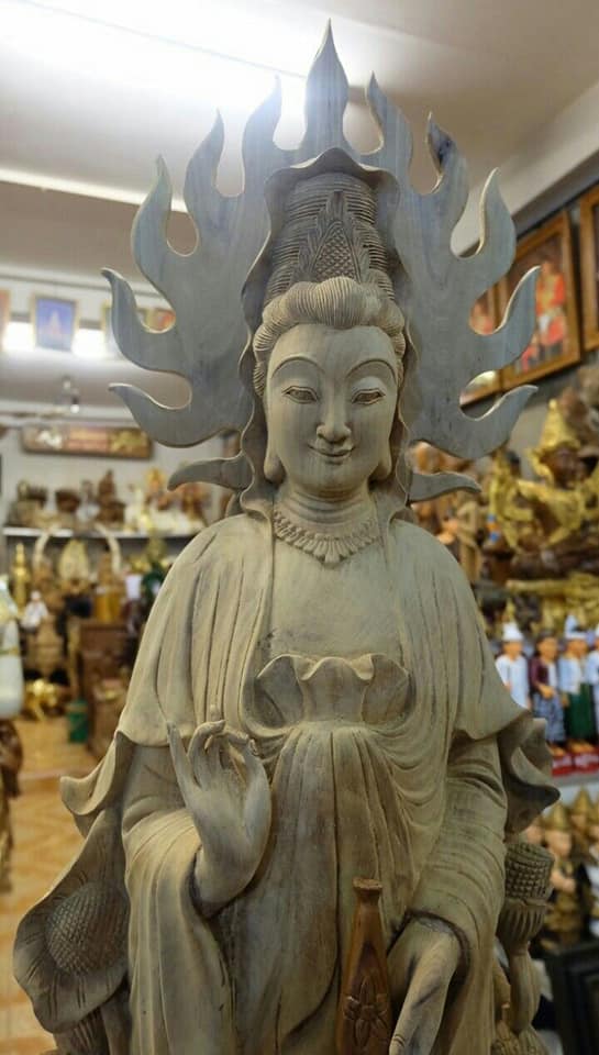 พระแม่กวนอิม เจ้าแม่กวนอิม ไม้สักแกะสลัก (สูง40นิ้ว)