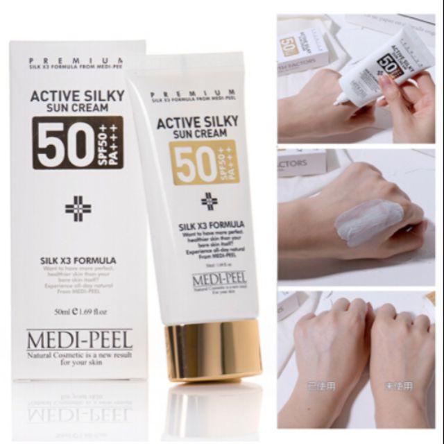Medi-Peel Active Silky Sun Cream SPF50+ PA+++ 50mL ครีมกันแดดเมดิพีล เนื้อเนียนละเอียดซึมไว ไม่เหนอะ ปกป้องผิวพร้อมบำรุงด้วยส่วนผสมเปปไทด์