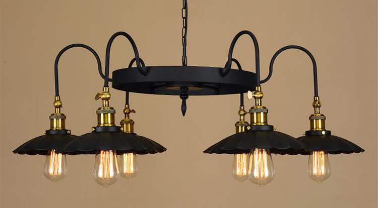 โคมไฟแขวนเพดานเหล็กโป๊ะโคมทรงร่มเล็กสีดำสไตล์วิจเทจ 6 ดวง