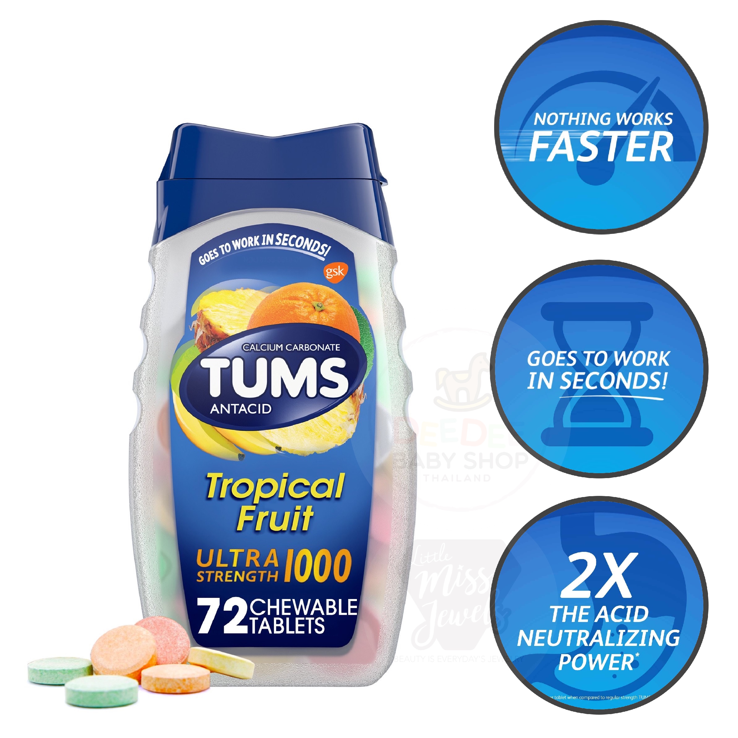เม็ดเคี้ยวบรรเทาอาการกรดไหลย้อน TUMS Antacid Ultra Strength 1000 - Assorted Fruit (72 Chewable Tablets)
