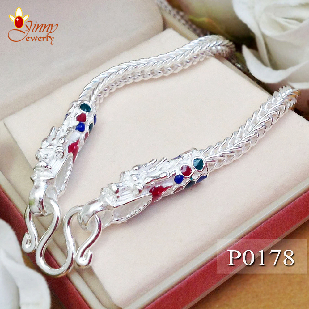 สร้อยคอเงินแท้ 92.5% ลายสี่เสา หัวมังกรลงยา ชายหญิงใส่ได้ สร้อยสวย ขายดี (สร้อยงานไทย)