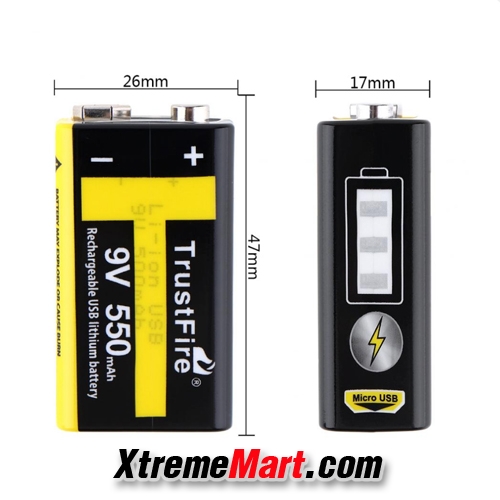 แบตเตอรี่ชาร์จ TrustFire 9V 550mAh Rechargeable USB Lithium Battery with Safety Relief Valve and LED Indicator(ก้อนละ)
