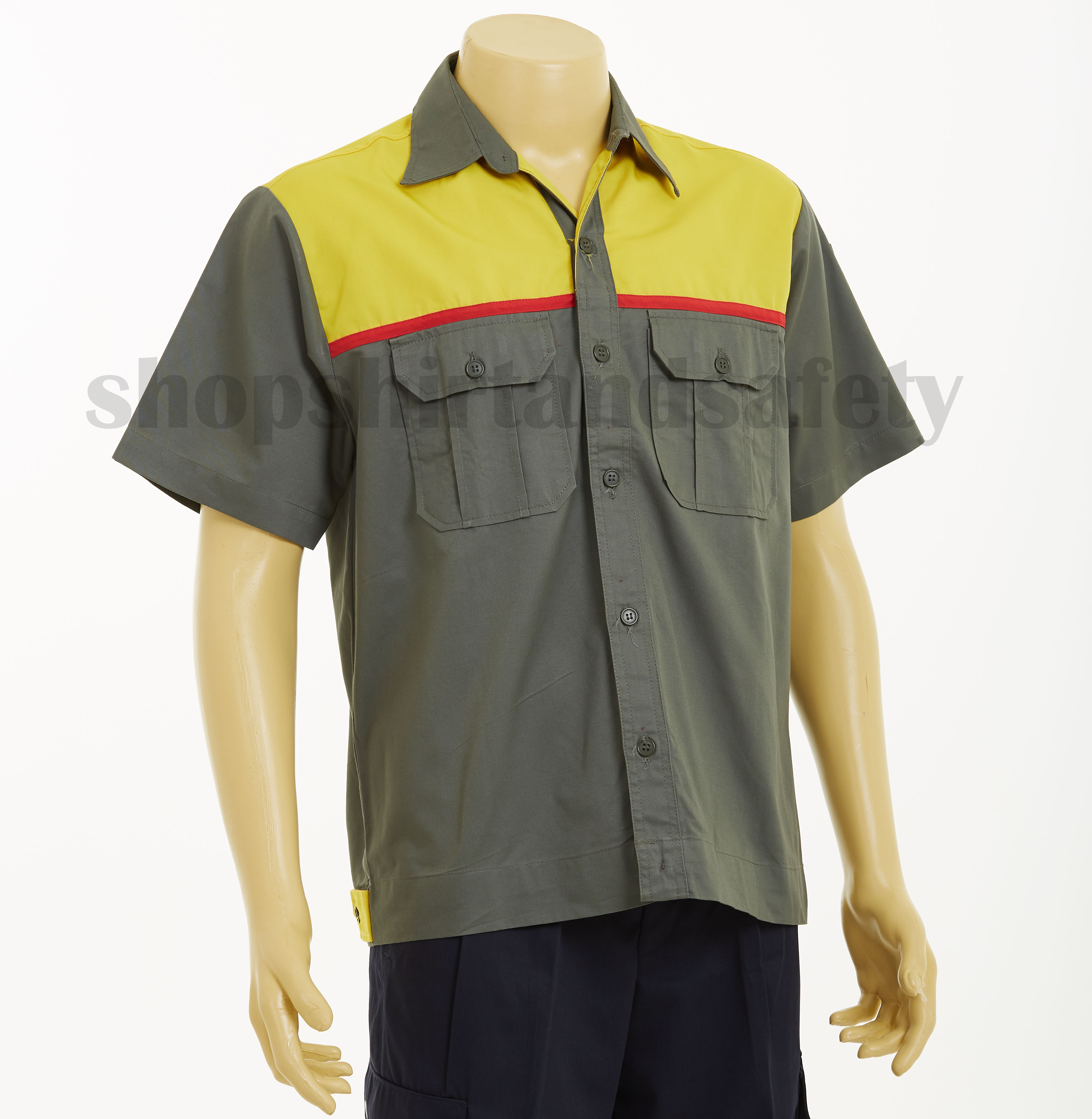 เสื้อช็อปแขนสั้นแบบหยกอกเหลืองกุ้นแดง
