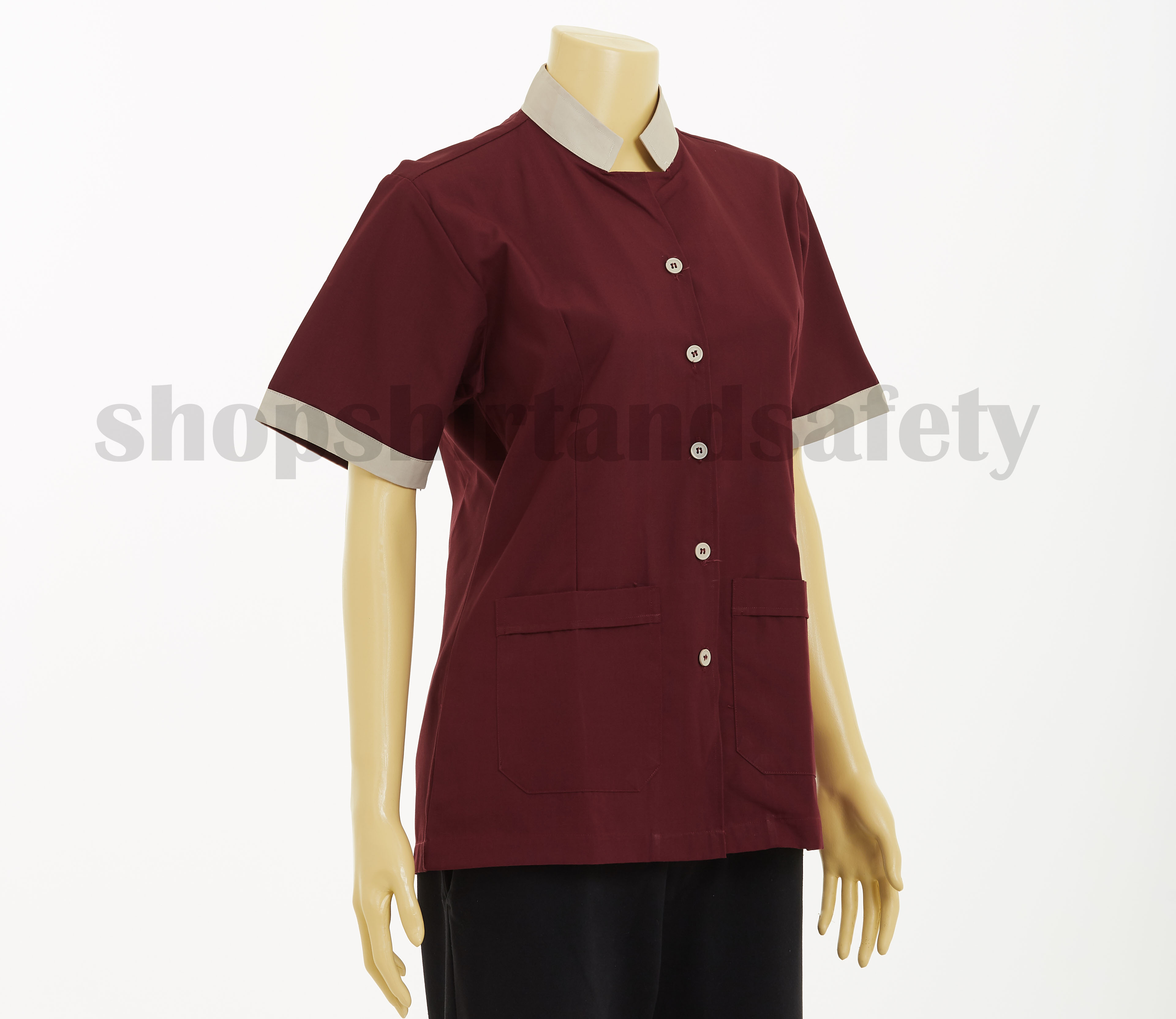เสื้อแม่บ้านแขนสั้นคอจีนแบบเลือดหมูปกครีม