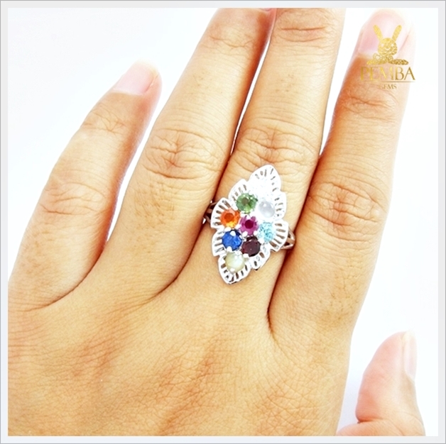 แหวนนพเก้าแท้ ตามตำราโบราณ เงินแท้925 ชุบทองคำขาว