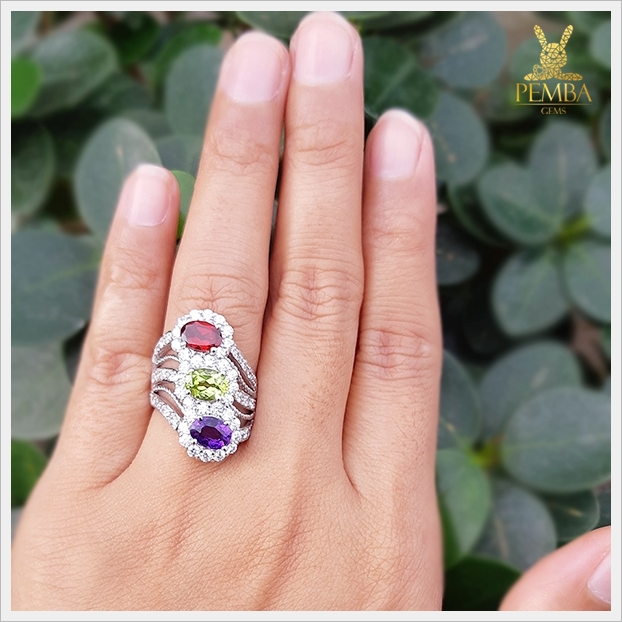 แหวนพลอยแท้ 3 สี อเมทิสต์ เพริดอต โกเมน ใส่ติดนิ้วเก๋ๆ แหวนพลอยแท้