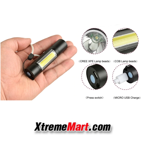 ไฟฉายพกพาขนาดเล็ก+โคมไฟ COB LED ด้านข้าง แสงขาว 3 โหมด พร้อมสายชาร์จ USB ชาร์จได้ในตัว