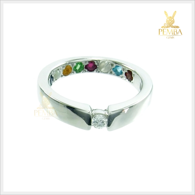 แหวนนพเก้าแท้ เพชรแท้ เงินแท้925 ชุบทองคำขาว ฝังใต้ท้องแหวน